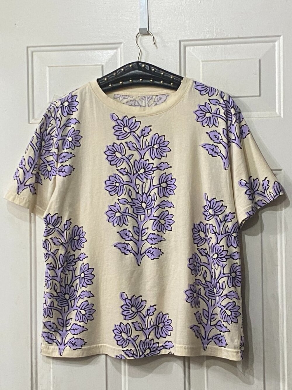 J.Crew Sz L Womens Tee Shirt Short Sleeve Ivory Lavender Floral Cotton